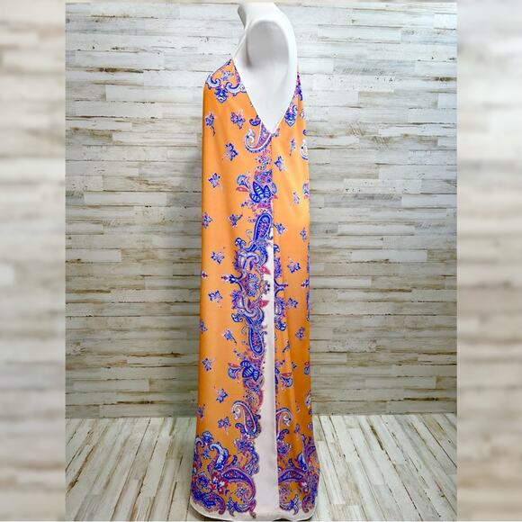 Clover Canyon Halter Scarf Maxi Dress Size S Mustard Gold Blue Sleeveless - Picture 5 of 14